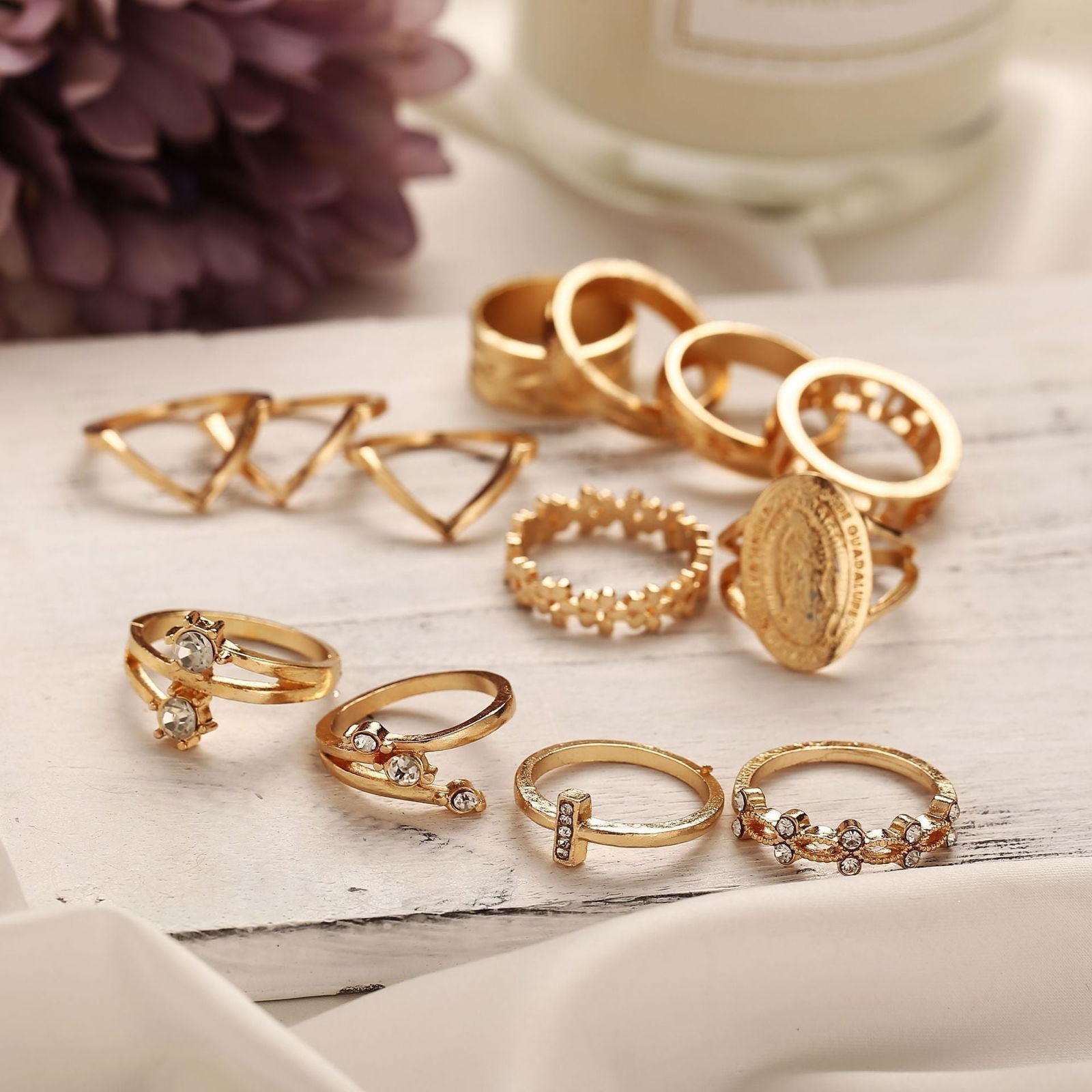 13 Piece Medallion Ring Set With Austrian Crystals 18K Gold Plated Ring ITALY Design - World's Finest - 